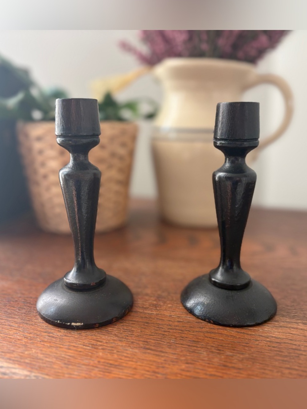 2 Vintage Wood Candlesticks Cottagecore Dark Stain Taper Candleholders Farmhouse